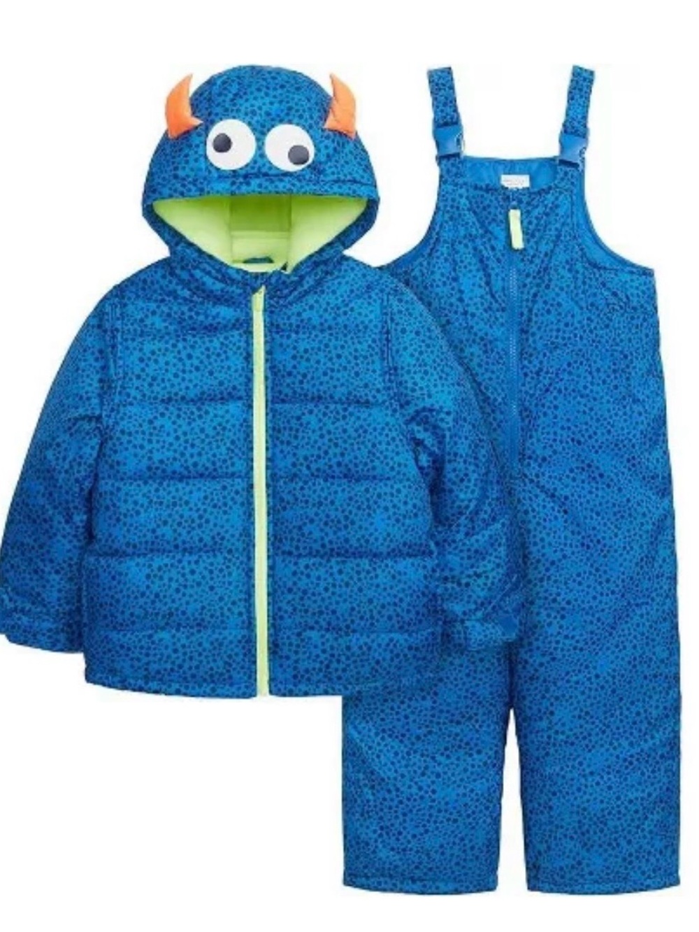 4T Carters Blue Monster Kids Snowsuit with Bib Overalls and hooded jacket
